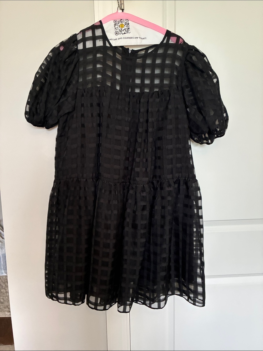 English Factory Black Puff-Sleeve Grid Chiffon Mini Dress